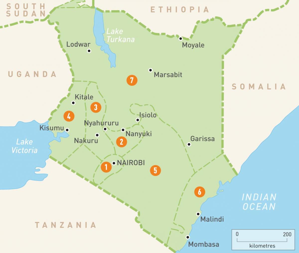 რუკა კენიაში აჩვენებს პროვინციებში